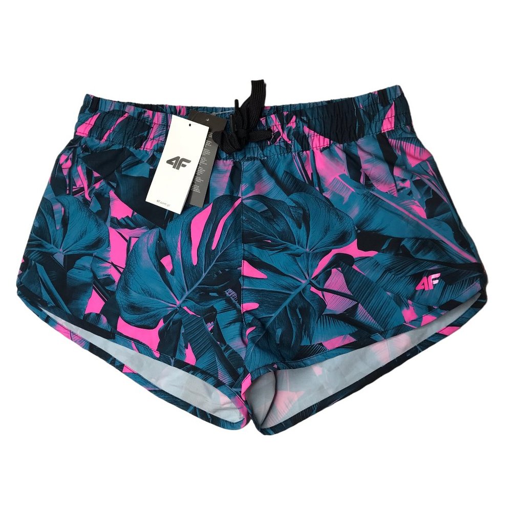 New NWT 4F Shorts Blue Pink Tropical Print Womens M Elastic Waistband Drawstring